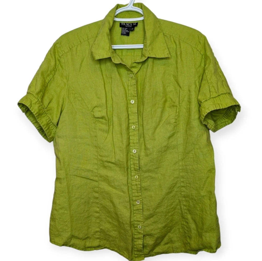 Vintage Tracy M. 100% Linen Lime Green Short Sleeve Collared Button Down Top 2XL